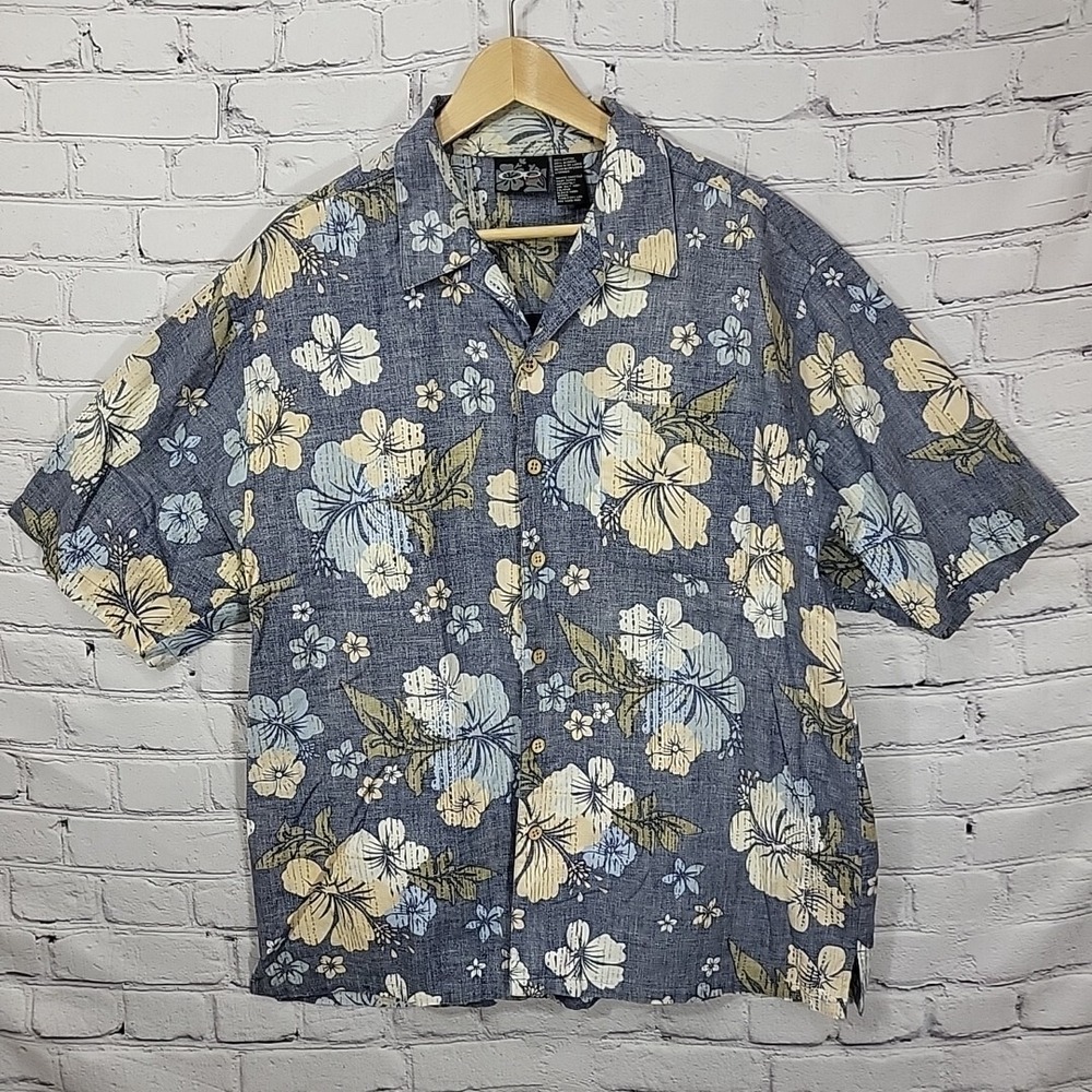 Ocean Pacific OP Sport Hawaiian Shirt Mens‎ L Large Hibiscus Flower Blue Print